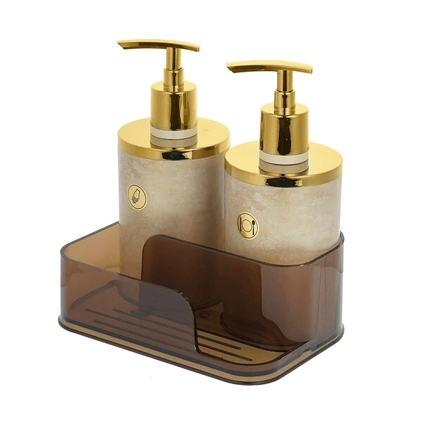 Concrete Style Dual Dispenser and Sponge Holder Cream and جا مایع و اسکاچ دوقلو طرح بتن کرم طلایی