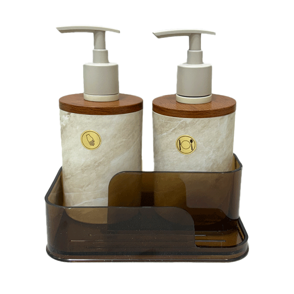 Dual compartment soap dispenser and sponge holder wood design جا مایع و اسکاچ دوقلو طرح کرم چوب